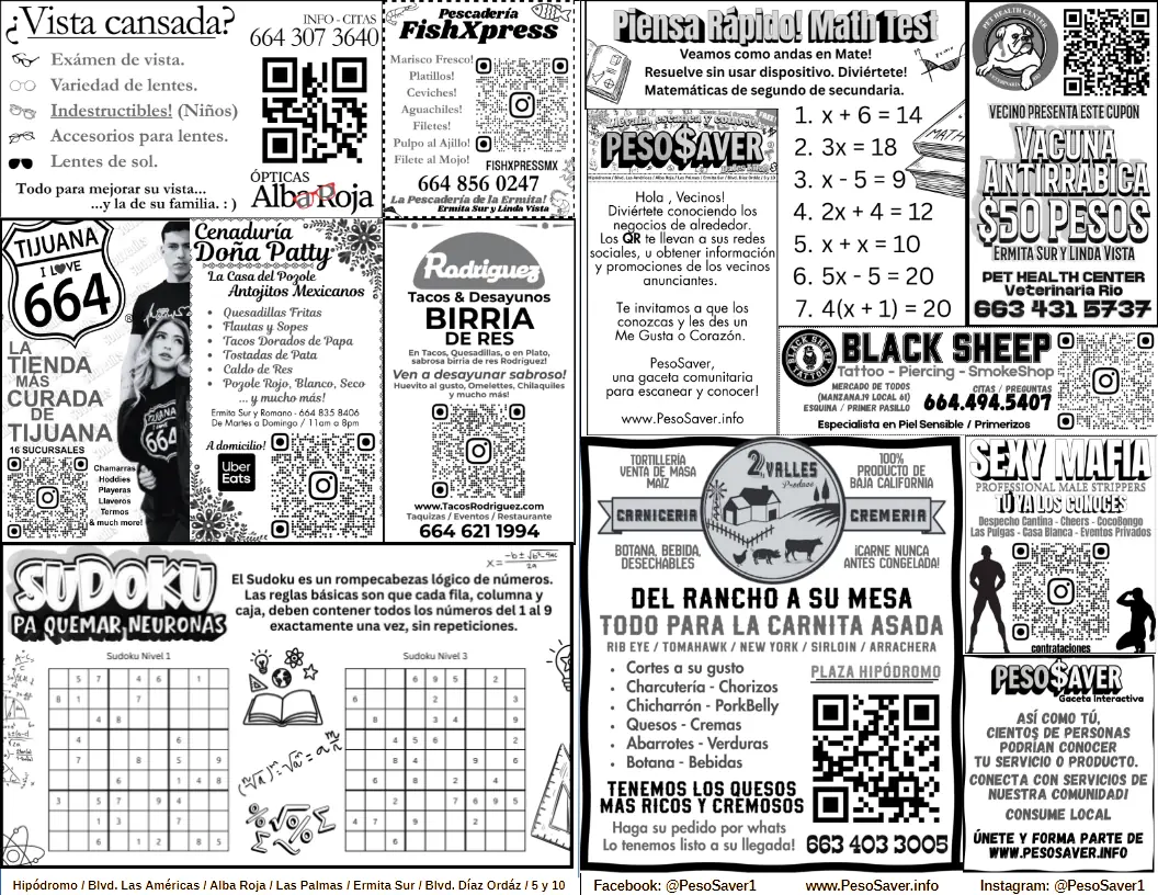 Páginas interiores de Peso$aver: anuncios de negocios locales, sudoku y reto de matemáticas